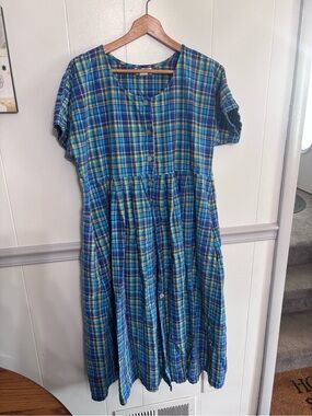 Blue and Green Plaid Midi Dress - Casual Button-Front